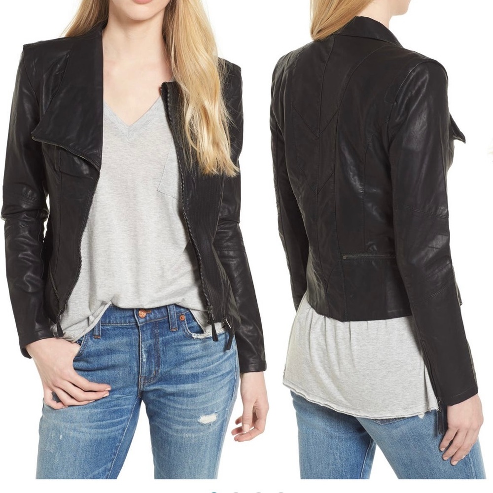 Black leather motorcycle jacket by Blank NYC